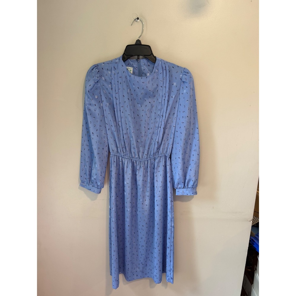 Lady Carol Petites Vintage Blue Paisley Pleated Long Sleeve Midi Dress Size 10